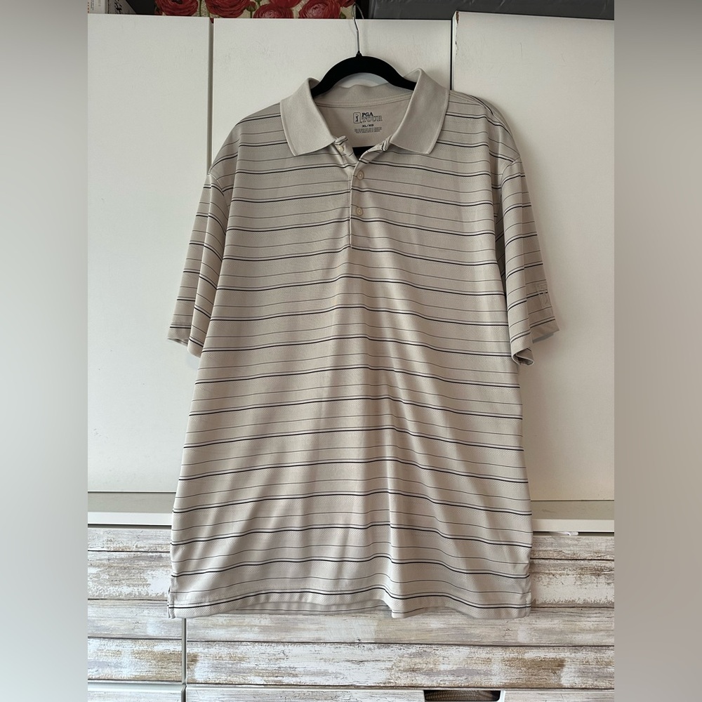 ⛳ PGA Tour Striped Golf Polo Shirt XL Performance Beige